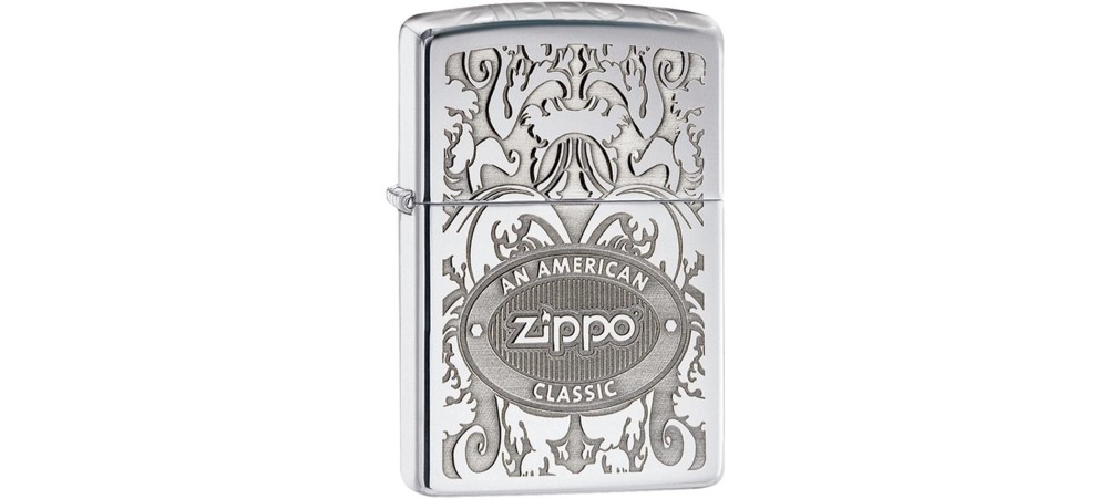 Zippo 24751 Gleaming Patina Crown Logo Filigree Classic Windproof Lighter -  High Polish Chrome Finish