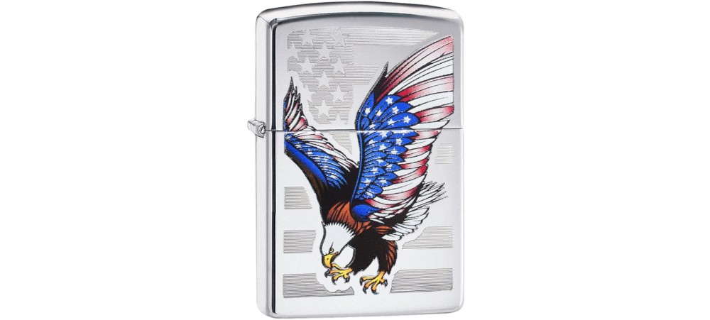 Zippo 28449 American Eagle Flag USA E Star Classic Windproof Lighter - High Polish Chrome Finish