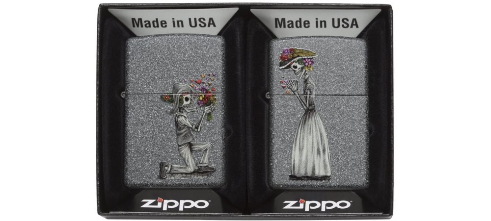 Zippo 28987 Day of the Dead Skull Couple Set Classic Windproof Lighters - Iron Stone Finish