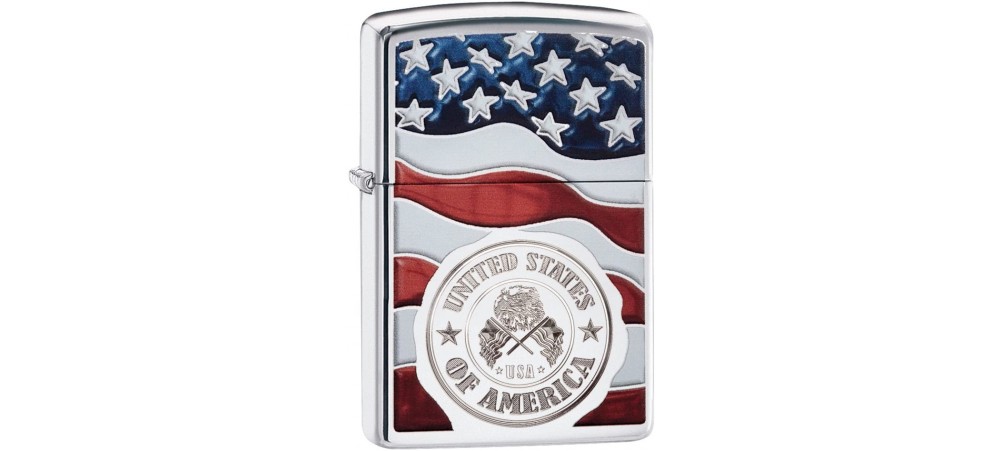 Zippo 29395 American Stamp (USA) on Flag Classic Windproof Lighter - High Polished Chrome