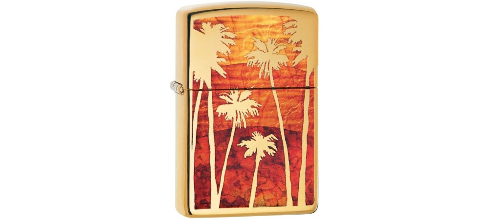 Zippo 29420 Palm Tree Sunset Classic Windproof Lighter - High Polished Brass Finish