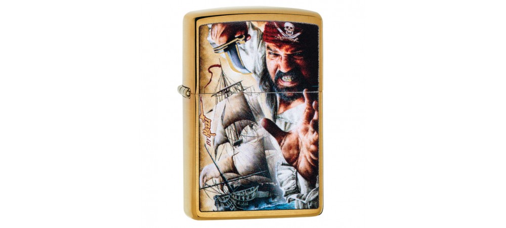 Zippo 29781 Mazzi Pirate & Ship Classic Windproof Lighter - Brushed Brass Finish