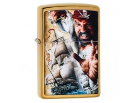 Zippo 29781 Mazzi Pirate & Ship Classic Windproof Lighter - Brushed Brass Finish