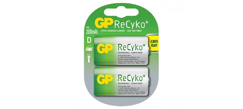 GP D Size 2600mAh ReCyko+ NiMH Rechargeable Batteries - 2 Pack