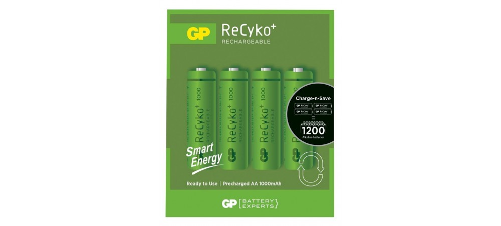 GP AA 1000mAh Recyko+ Smart Energy Rechargeable Batteries - 4 Pack