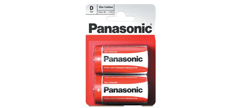 Panasonic D Size / R20R Zinc Carbon Batteries - 2 Pack - For use in LOW power products ONLY