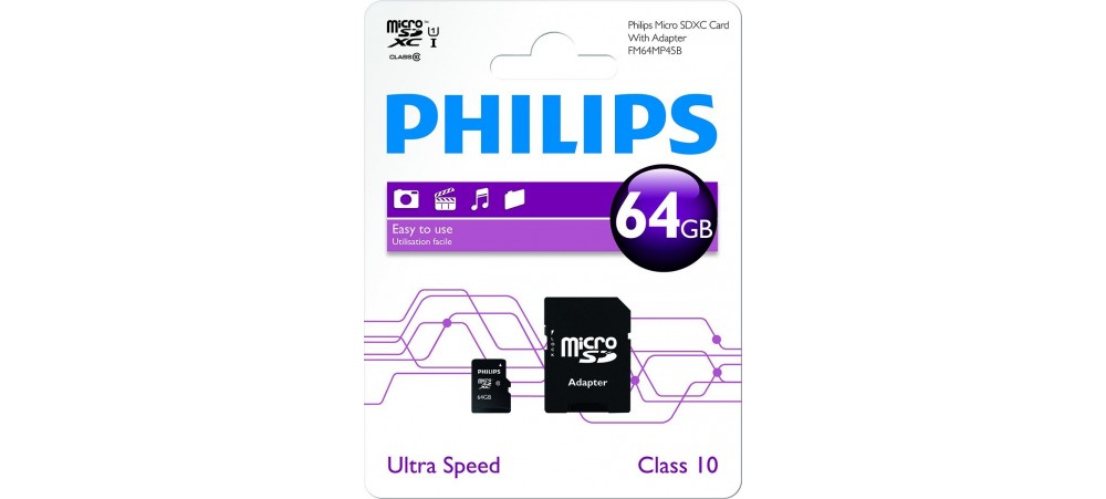 64GB Micro SDXC Class 10 Micro SD Memory Card with Adapter - Philips