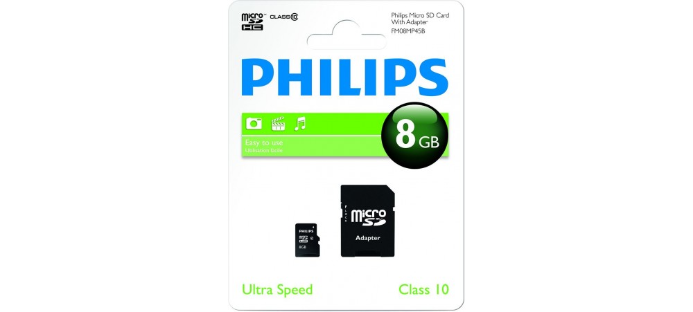 8GB Micro SDHC Class 10 Micro SD Memory Card with Adapter - Philips