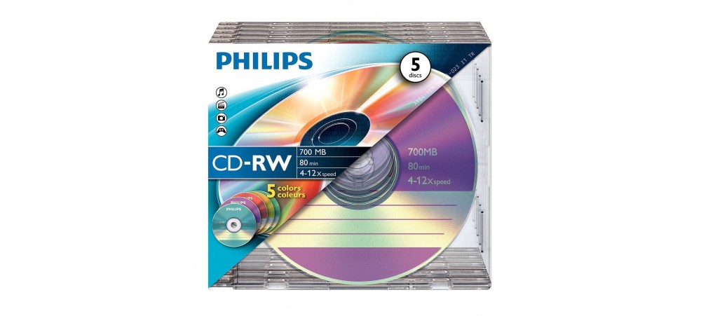 Philips CD-RW 80 Min 700 MB 4 - 12 Speed - 5 Pack Colour Slim Jewel Case