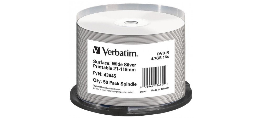 Verbatim 43645 DVD-R 16x 4.7GB Wide Print Silver - 50 pack Spindle