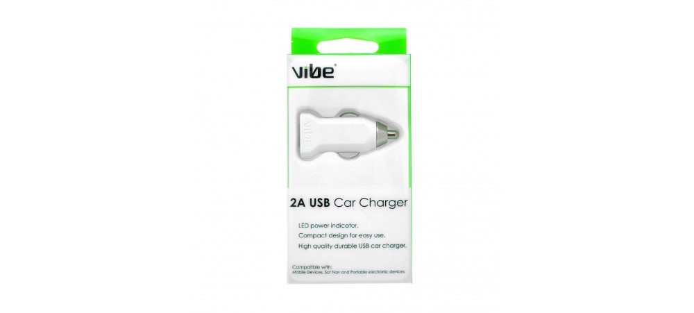 VIBE 2 Amp High Power USB White Car Charger For Tablet / Smartphone- (Cable not included)