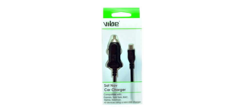 VIBE Mini USB Car Charger With Fixed 1M lead - SAT NAV, Tom Tom
